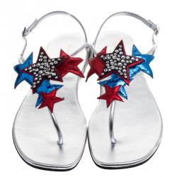 Pre Owned Saint Laurent Paris Metallic Star Appliqué Leather Nu Pied Flat Thong Sandals Size 38