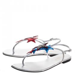 Pre Owned Saint Laurent Paris Metallic Star Appliqué Leather Nu Pied Flat Thong Sandals Size 38