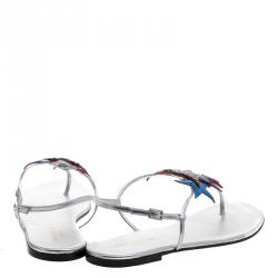 Pre Owned Saint Laurent Paris Metallic Star Appliqué Leather Nu Pied Flat Thong Sandals Size 38