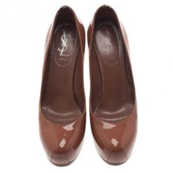 Pre Owned Saint Laurent Paris Brown Patent Tribtoo Platform Pumps Size 37