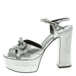 Pre Owned Saint Laurent Paris Silver Metallic Leather Candy Ankle Strap Platform Sandals Size 38.5