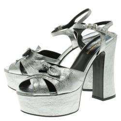 Pre Owned Saint Laurent Paris Silver Metallic Leather Candy Ankle Strap Platform Sandals Size 38.5
