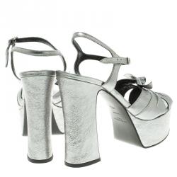 Pre Owned Saint Laurent Paris Silver Metallic Leather Candy Ankle Strap Platform Sandals Size 38.5