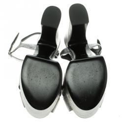 Pre Owned Saint Laurent Paris Silver Metallic Leather Candy Ankle Strap Platform Sandals Size 38.5