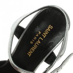 Pre Owned Saint Laurent Paris Silver Metallic Leather Candy Ankle Strap Platform Sandals Size 38.5