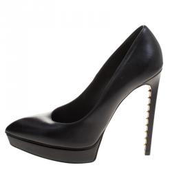 Pre Owned Saint Laurent Paris Black Leather Janis Spike Studded Heel Platform Pumps Size 40