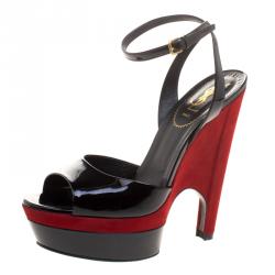 Pre Owned Saint Laurent Paris Two Tone Patent Leather And Suede Cassyopee Ankle Strap Wedge Sandals Size 40