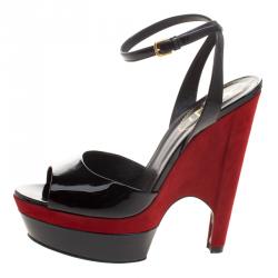 Pre Owned Saint Laurent Paris Two Tone Patent Leather And Suede Cassyopee Ankle Strap Wedge Sandals Size 40