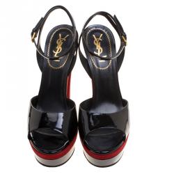 Pre Owned Saint Laurent Paris Two Tone Patent Leather And Suede Cassyopee Ankle Strap Wedge Sandals Size 40