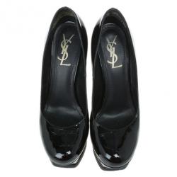 Pre Owned Saint Laurent Paris Black Patent Tribute Platform Pumps Size 37.5