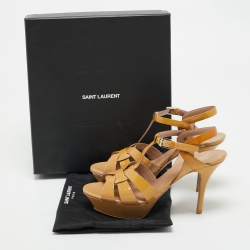 Saint Laurent Beige Patent Leather Tribute Platform Sandals Size 39.5