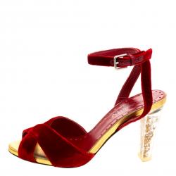 Pre Owned Saint Laurent Paris Red Velvet Embellished Heel Cross Ankle Strap Sandals Size 37.5