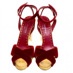Saint Laurent Paris Red Velvet Embellished Heel Cross Ankle Strap Sandals Size 37.5