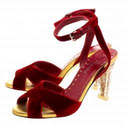 Saint Laurent Paris Red Velvet Embellished Heel Cross Ankle Strap Sandals Size 37.5