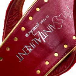 Pre Owned Saint Laurent Paris Red Velvet Embellished Heel Cross Ankle Strap Sandals Size 37.5