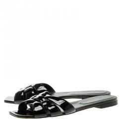 Pre Owned Saint Laurent Paris Black Patent Tribute Flat Slides Size 39