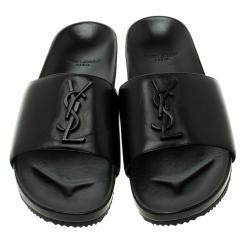 Pre Owned Saint Laurent Paris Black Leather Slides Size 39.5