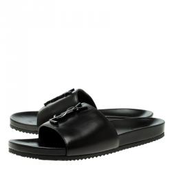 Pre Owned Saint Laurent Paris Black Leather Slides Size 39.5