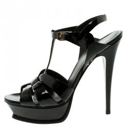 Pre Owned Saint Laurent Paris Black Patent Tribute Platform Sandals Size 40
