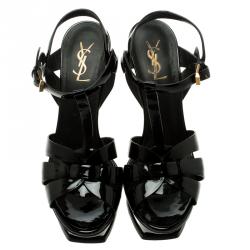 Pre Owned Saint Laurent Paris Black Patent Tribute Platform Sandals Size 40