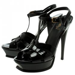 Pre Owned Saint Laurent Paris Black Patent Tribute Platform Sandals Size 40