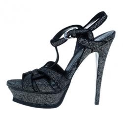مملوكة مسبقًا Saint Laurent Paris Black Embossed Leather Tribute Sandals Size 39