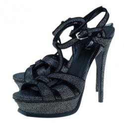 مملوكة مسبقًا Saint Laurent Paris Black Embossed Leather Tribute Sandals Size 39