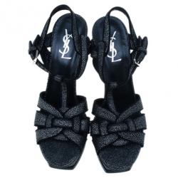 مملوكة مسبقًا Saint Laurent Paris Black Embossed Leather Tribute Sandals Size 39
