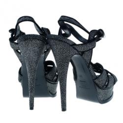 مملوكة مسبقًا Saint Laurent Paris Black Embossed Leather Tribute Sandals Size 39