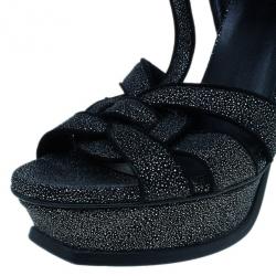 مملوكة مسبقًا Saint Laurent Paris Black Embossed Leather Tribute Sandals Size 39