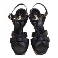 Pre Owned Yves Saint Laurent Black Leather Tribute Platform Sandals Size 38