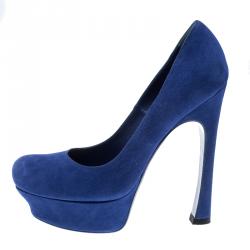 مملوكة مسبقًا حذاء كعب عالي سان لوران باريس بالياس سويدي أزرق كوبالت نعل سميك مقاس 38