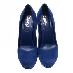 مملوكة مسبقًا حذاء كعب عالي سان لوران باريس بالياس سويدي أزرق كوبالت نعل سميك مقاس 38