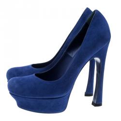 مملوكة مسبقًا حذاء كعب عالي سان لوران باريس بالياس سويدي أزرق كوبالت نعل سميك مقاس 38