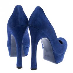 مملوكة مسبقًا حذاء كعب عالي سان لوران باريس بالياس سويدي أزرق كوبالت نعل سميك مقاس 38
