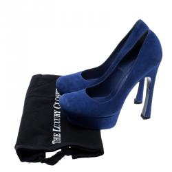 مملوكة مسبقًا حذاء كعب عالي سان لوران باريس بالياس سويدي أزرق كوبالت نعل سميك مقاس 38
