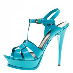 Pre Owned Saint Laurent Paris Turquoise Patent Leather Tribute Platform Sandals Size 38
