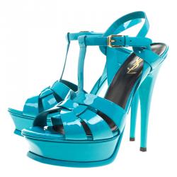 Pre Owned Saint Laurent Paris Turquoise Patent Leather Tribute Platform Sandals Size 38