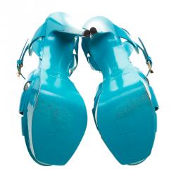Pre Owned Saint Laurent Paris Turquoise Patent Leather Tribute Platform Sandals Size 38