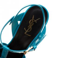 Pre Owned Saint Laurent Paris Turquoise Patent Leather Tribute Platform Sandals Size 38