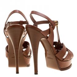 Pre Owned Saint Laurent Paris Brown Leather Tribute Platform Sandals Size 37