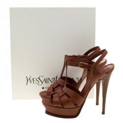 Pre Owned Saint Laurent Paris Brown Leather Tribute Platform Sandals Size 37
