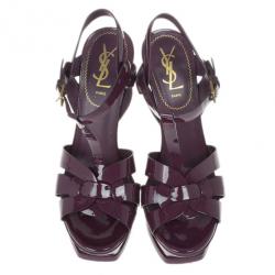 Pre Owned Saint Laurent Paris Purple Patent Tribute Platform Sandals Size 38