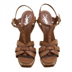 Pre Owned Saint Laurent Brown Ostrich Leather Tribute Platform Sandals Size 39