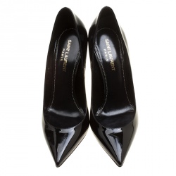 مملوكة مسبقًا حذاء كعب عالي سان لوران باريس جلد أسود لامع كعب YSL مقدمة مدببة مقاس 38