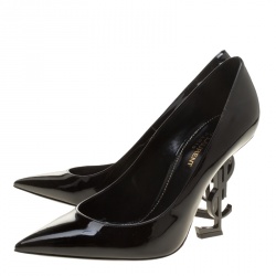 مملوكة مسبقًا حذاء كعب عالي سان لوران باريس جلد أسود لامع كعب YSL مقدمة مدببة مقاس 38