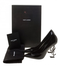 مملوكة مسبقًا حذاء كعب عالي سان لوران باريس جلد أسود لامع كعب YSL مقدمة مدببة مقاس 38