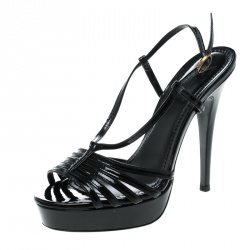 Pre Owned صندل سان لوران باريس جلد أسود لامع بسيور نعل سميك مقاس 36