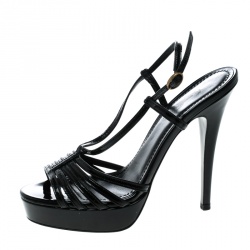 Pre Owned صندل سان لوران باريس جلد أسود لامع بسيور نعل سميك مقاس 36