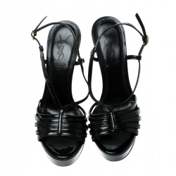 Pre Owned صندل سان لوران باريس جلد أسود لامع بسيور نعل سميك مقاس 36